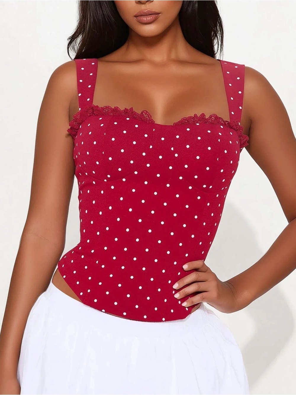 Fashion Nova Red Polka Dot Lace-Trim Corset